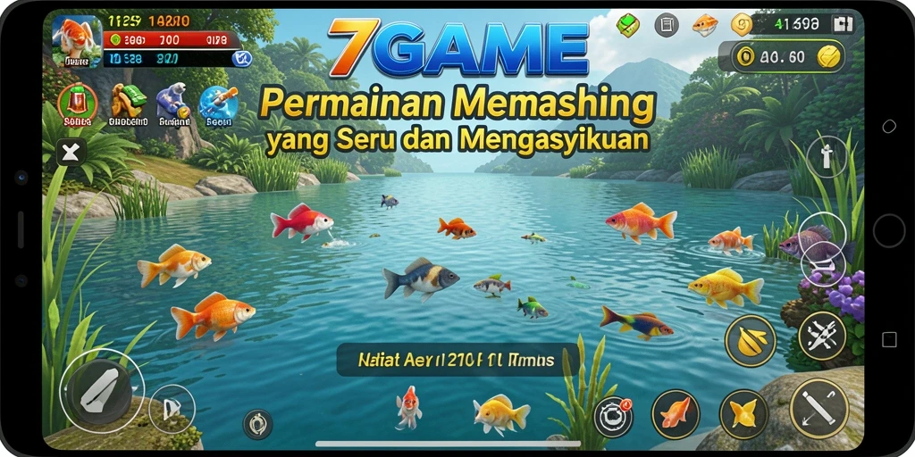 Gameplay 7GAME menampilkan aksi memancing yang mendebarkan dan lingkungan yang indah.