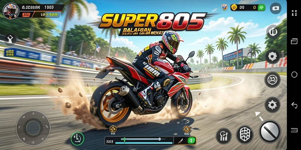Gameplay menegangkan dari SUPER805 saat balapan motor.