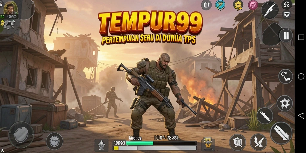 Screenshot utama menunjukkan aksi pertempuran seru dalam <strong>TEMPUR99</strong>.